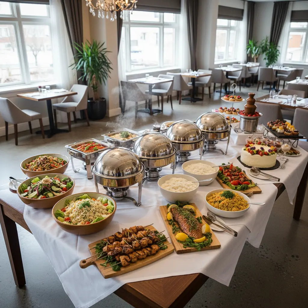 Elegant buffet spread with chafing dishes, salads, grilled meats, rice, and desserts