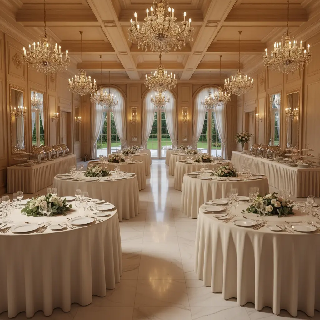 Elegant indoor banquet hall with neutral linens and warm lighting