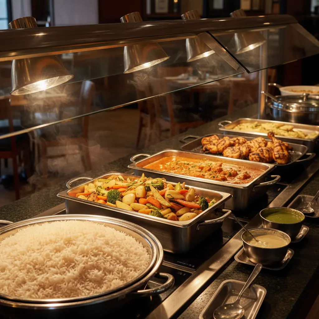 Buffet line with stainless chafing dishes and hot dishes