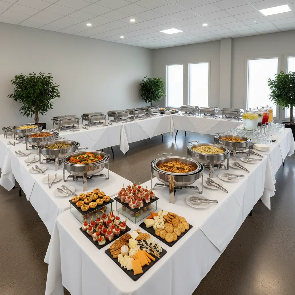 Professional catering setup with chafing dishes and appetizers