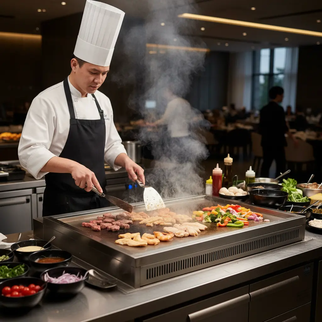 Chef-attended live cooking station with flat-top grill and fresh ingredients