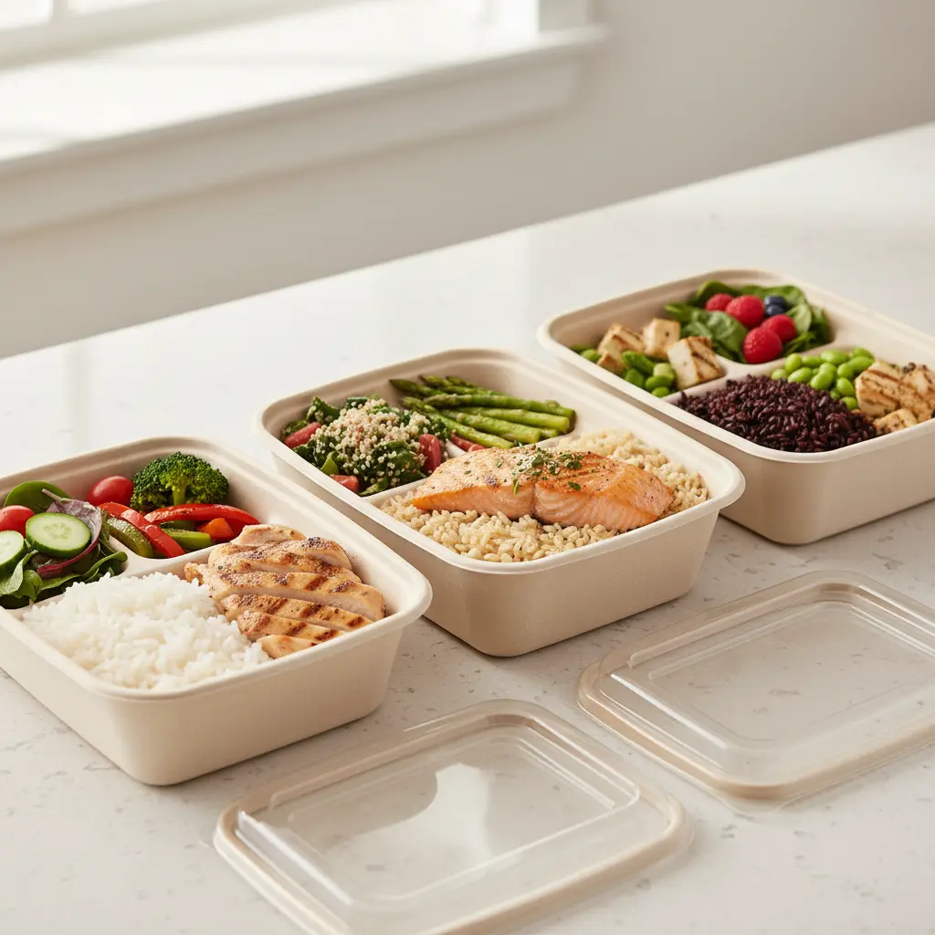 Takeaway meal boxes with balanced portions in eco-friendly containers